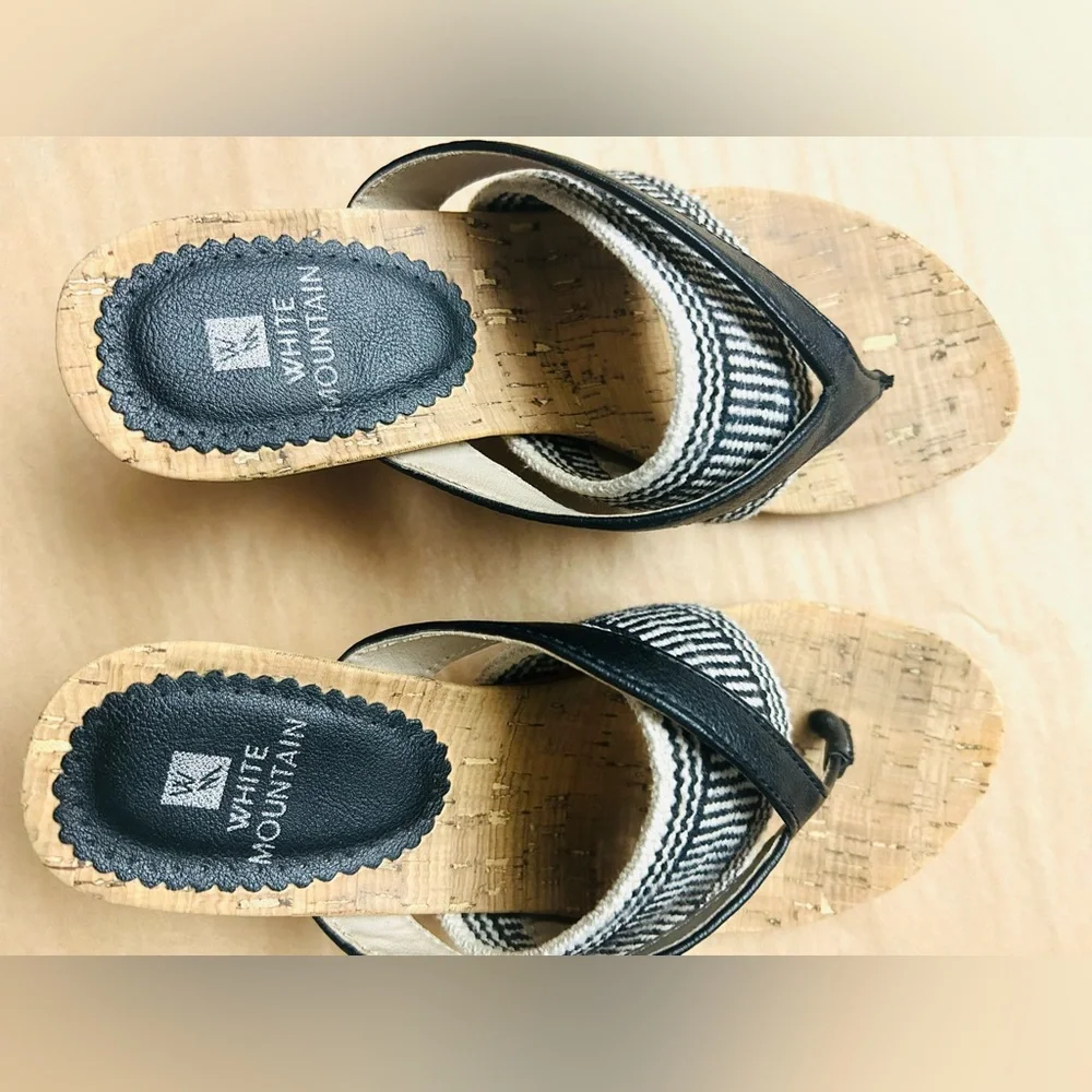 White Mountain Black and Cream Wedge Sandals - Picture 3 of 12